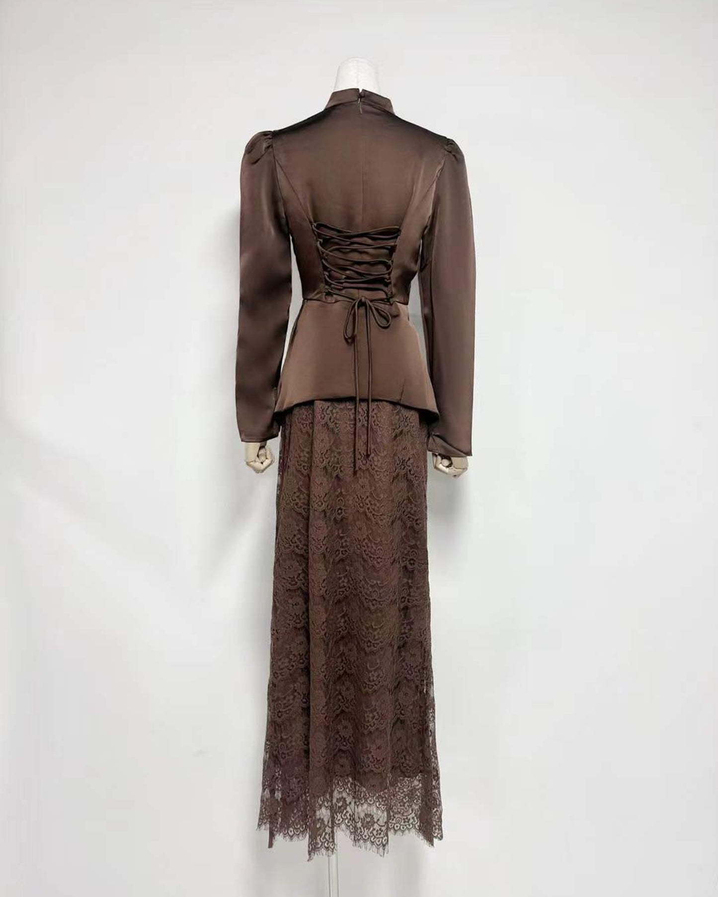 Brown Satin Top & Lace Skirt Two-Piece Set