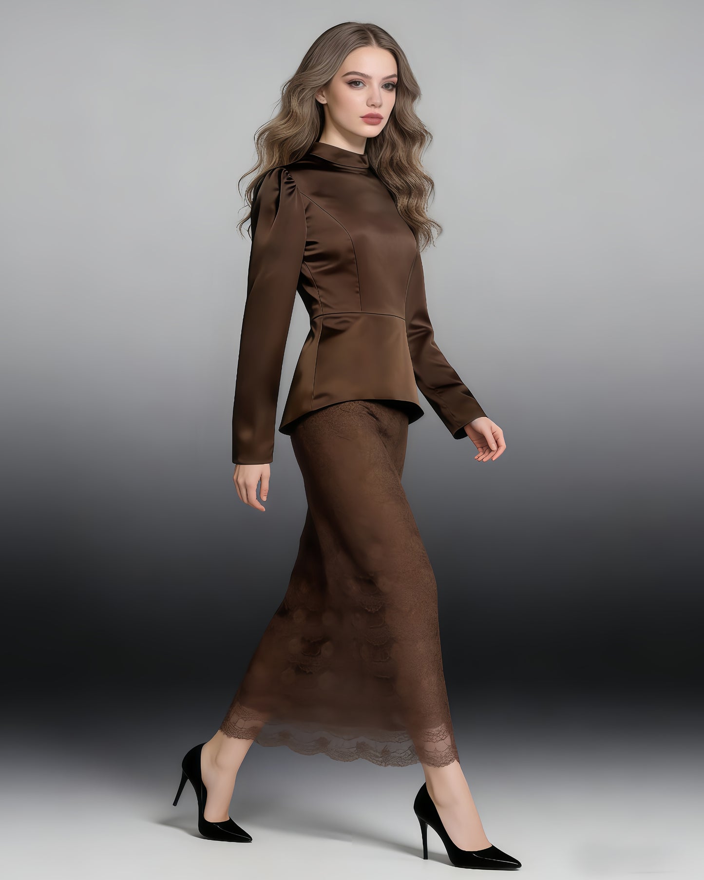 Brown Satin Top & Lace Skirt Two-Piece Set