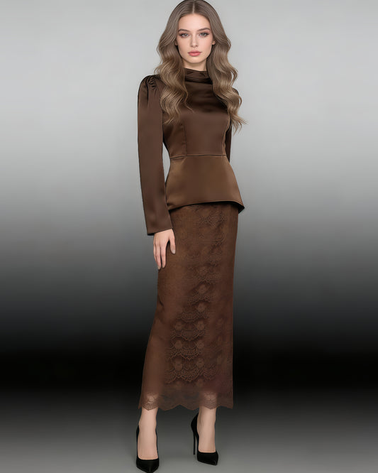 Brown Satin Top & Lace Skirt Two-Piece Set
