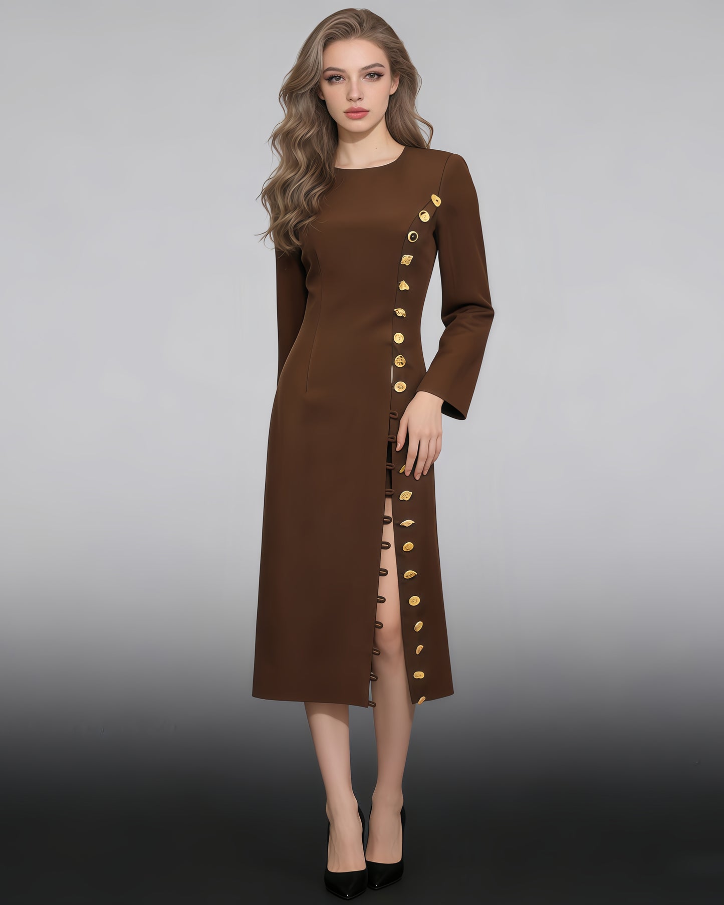 Brown Side Button Fitted Midi Dress