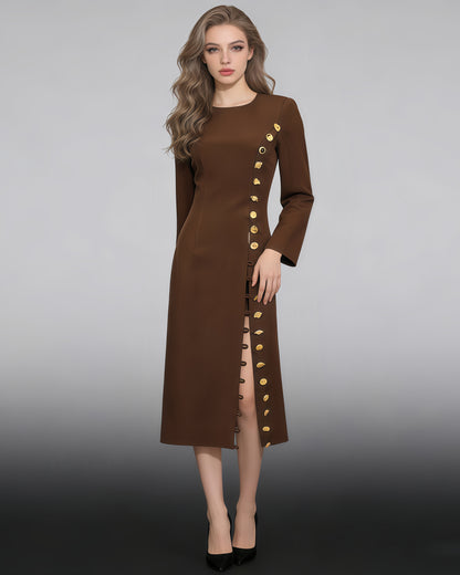 Brown Side Button Fitted Midi Dress