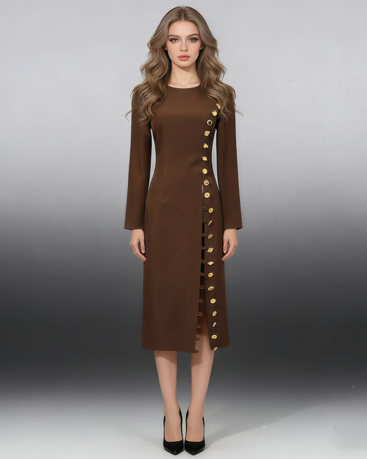 Brown Side Button Fitted Midi Dress