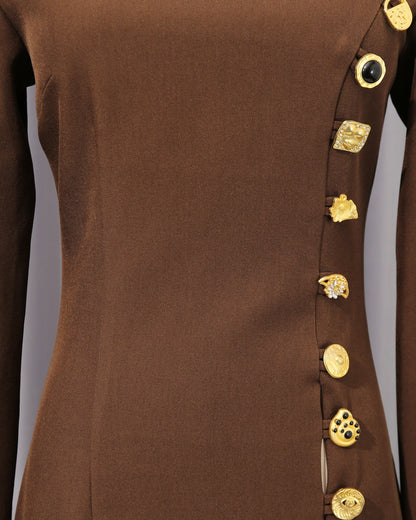 Brown Side Button Fitted Midi Dress