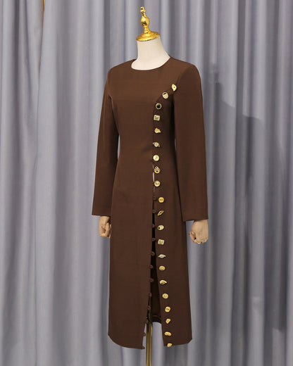Brown Side Button Fitted Midi Dress