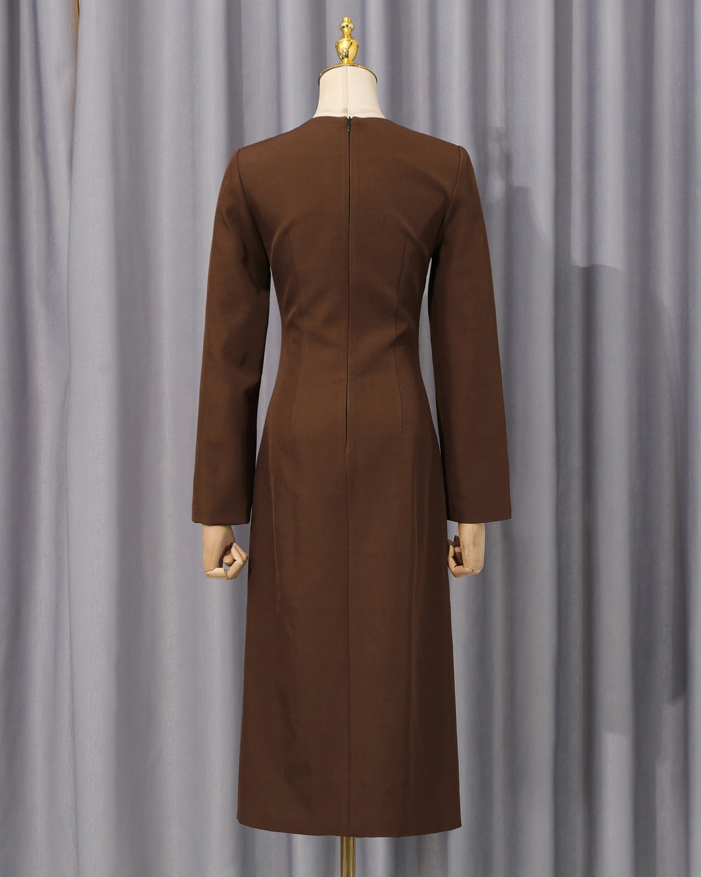 Brown Side Button Fitted Midi Dress