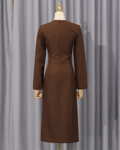 Brown Side Button Fitted Midi Dress
