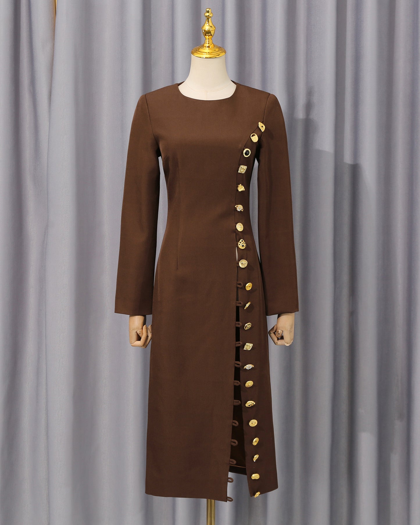 Brown Side Button Fitted Midi Dress