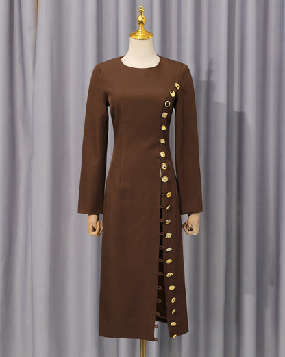 Brown Side Button Fitted Midi Dress