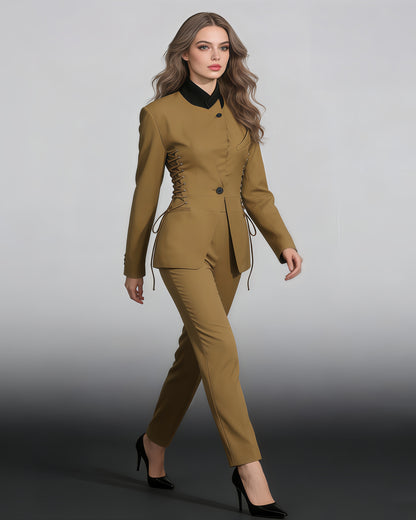 Brown Side Lace-Up Fitted Blazer