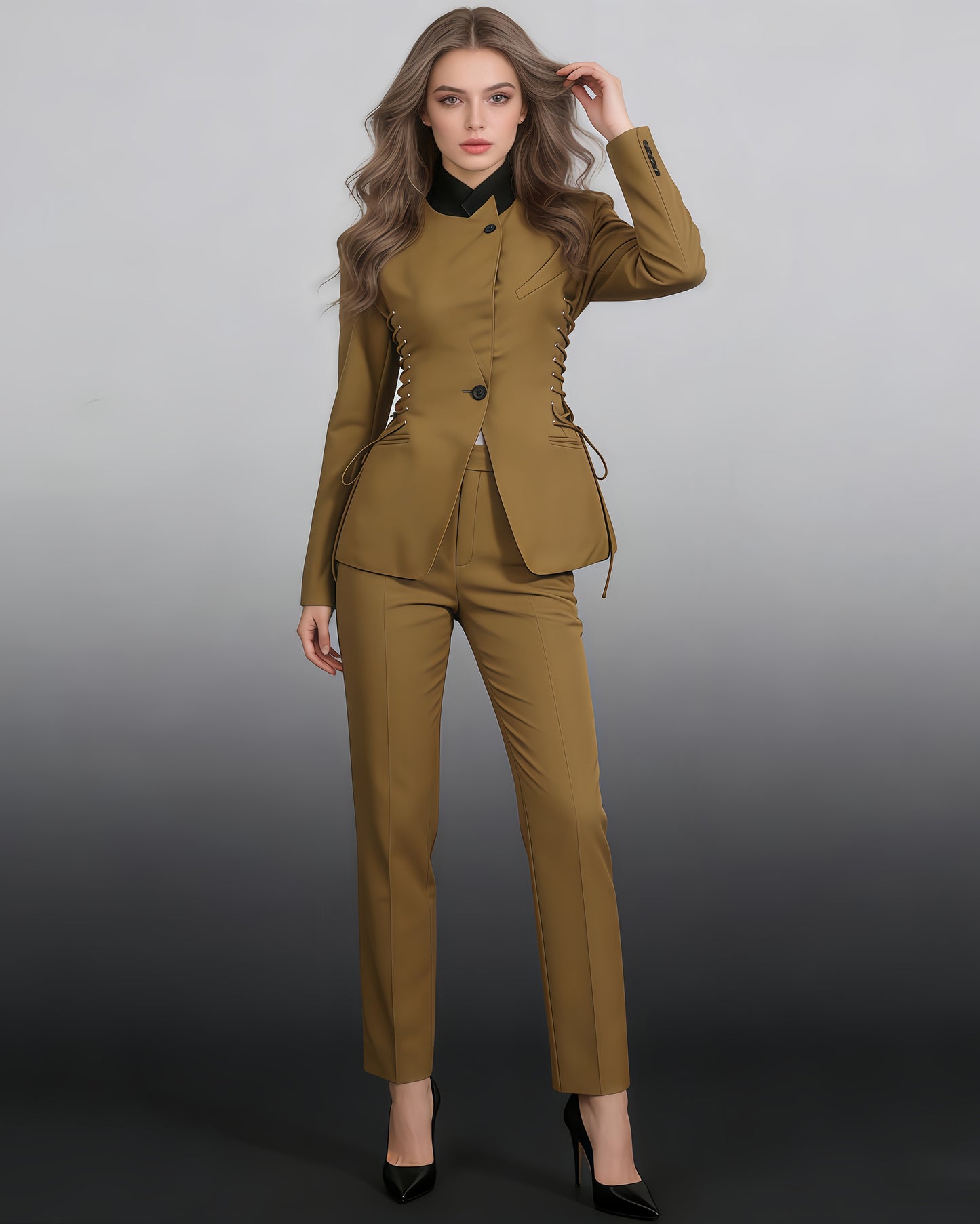 Brown Side Lace-Up Fitted Blazer
