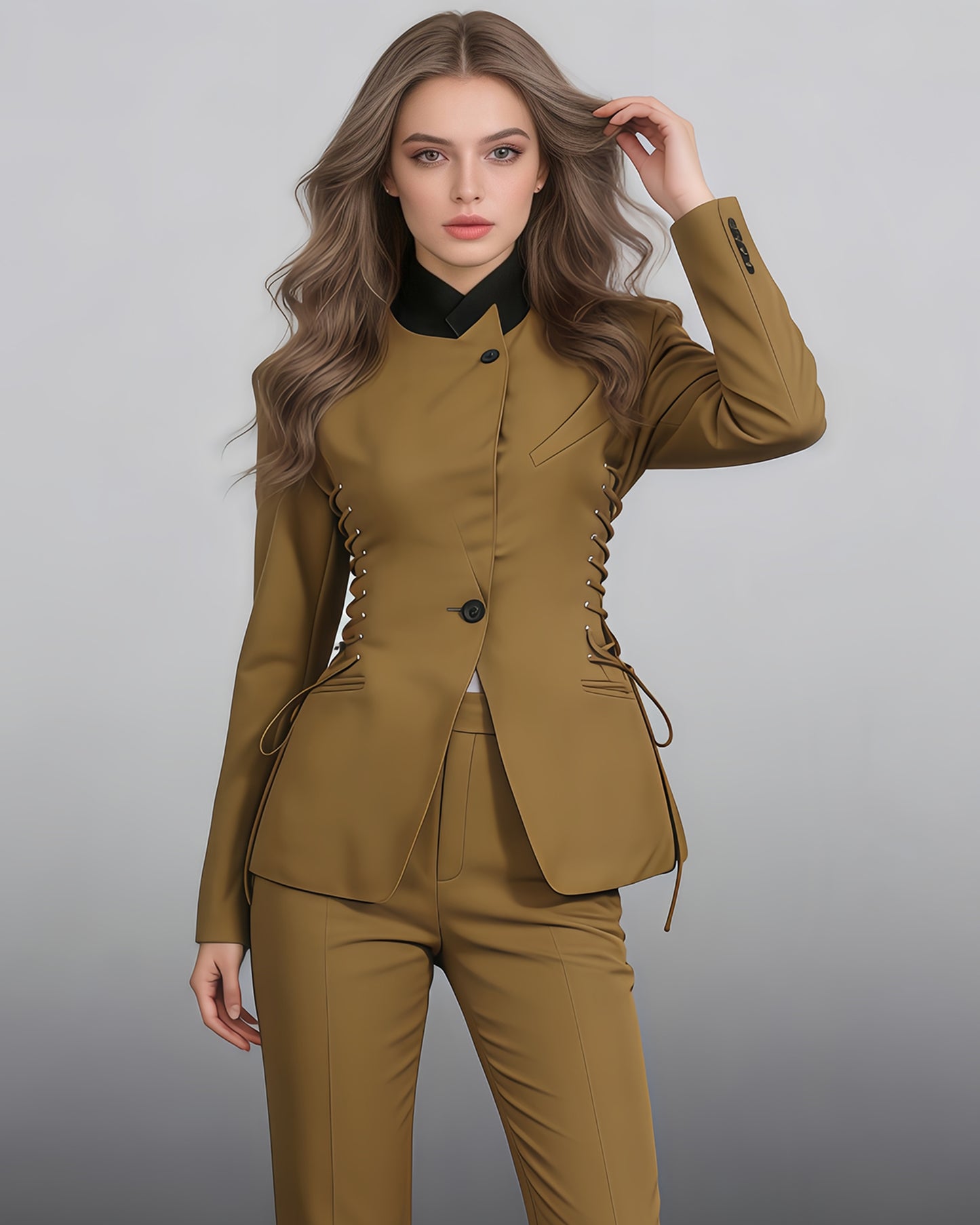 Brown Side Lace-Up Fitted Blazer