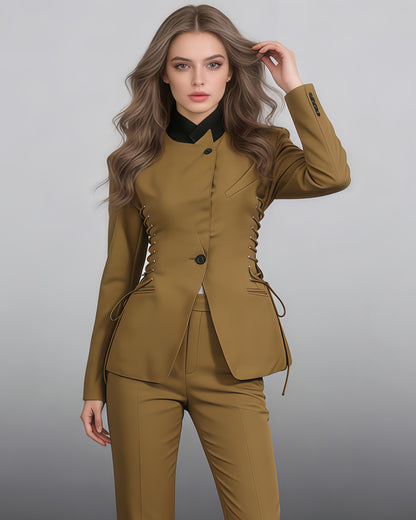 Brown Side Lace-Up Fitted Blazer