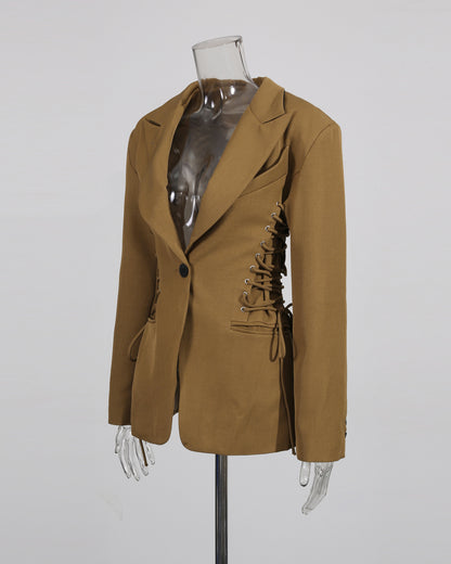 Brown Side Lace-Up Fitted Blazer