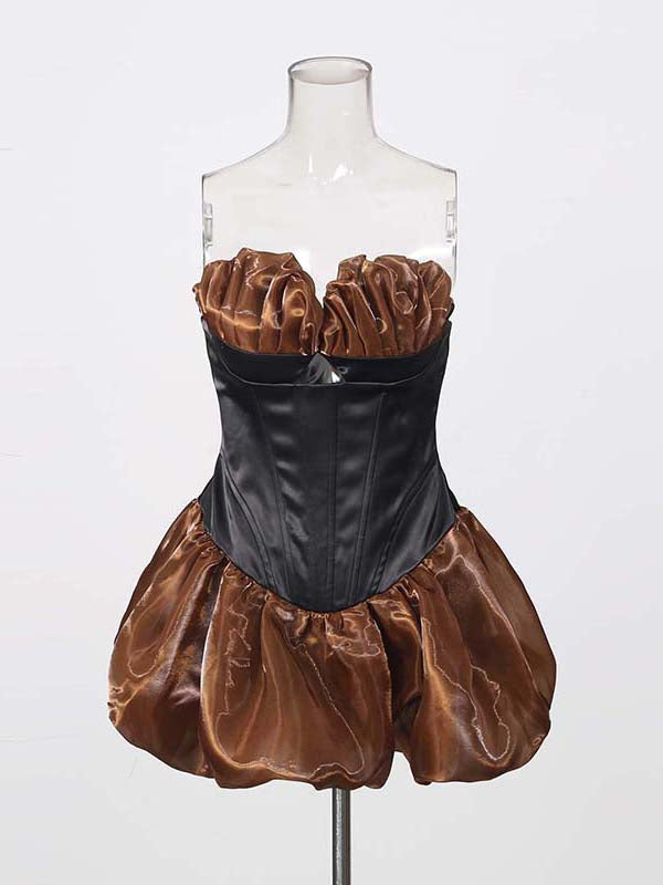Brown Strapless Corset Bodice Bubble Hem Mini Dress