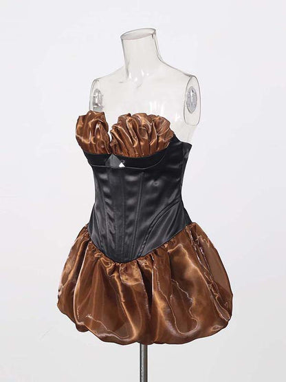 Brown Strapless Corset Bodice Bubble Hem Mini Dress