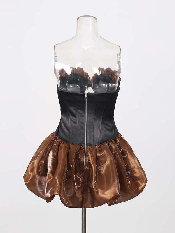 Brown Strapless Corset Bodice Bubble Hem Mini Dress