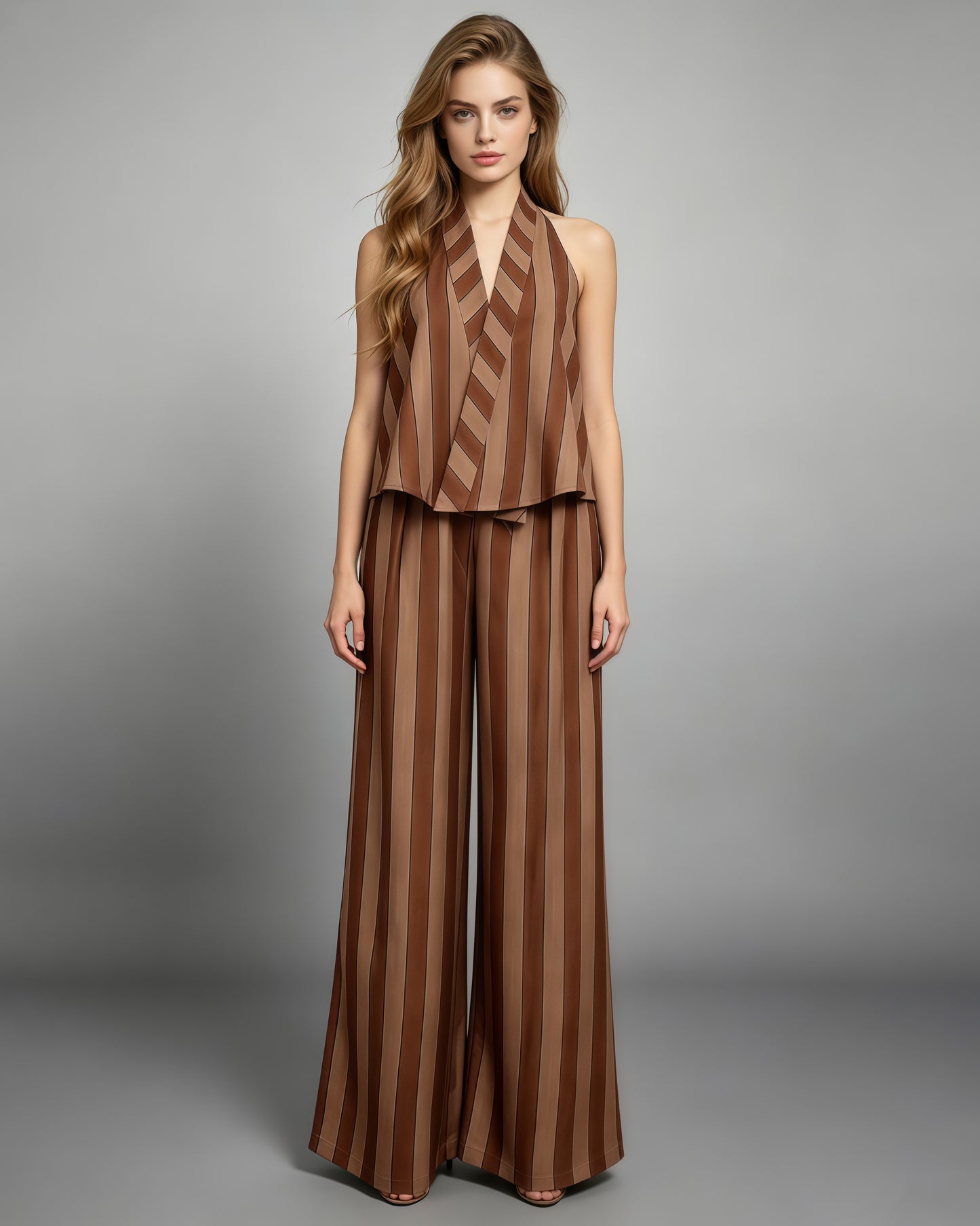 Brown Stripe Halter Top Wide Leg Pants Set