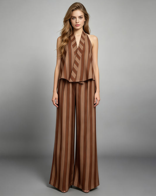 Brown Stripe Halter Top Wide Leg Pants Set