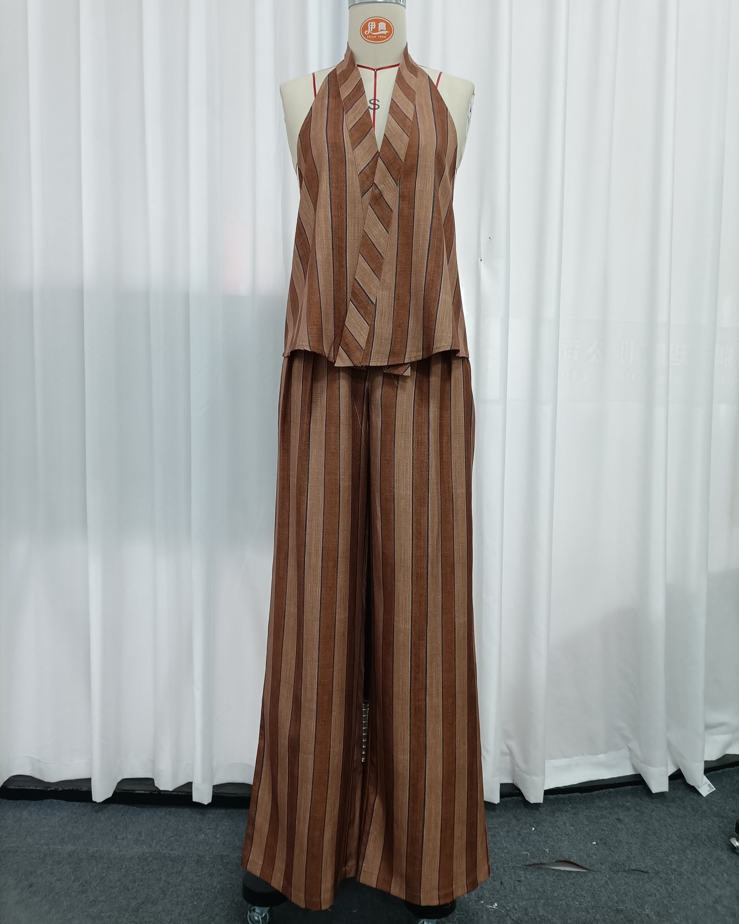 Brown Stripe Halter Top Wide Leg Pants Set