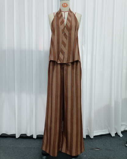 Brown Stripe Halter Top Wide Leg Pants Set