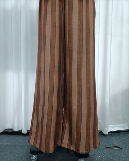 Brown Stripe Halter Top Wide Leg Pants Set