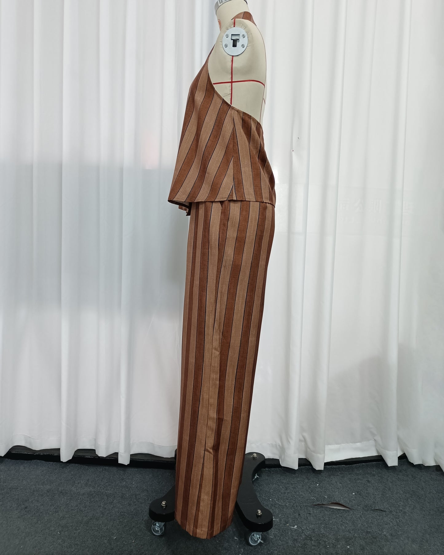 Brown Stripe Halter Top Wide Leg Pants Set
