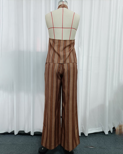 Brown Stripe Halter Top Wide Leg Pants Set