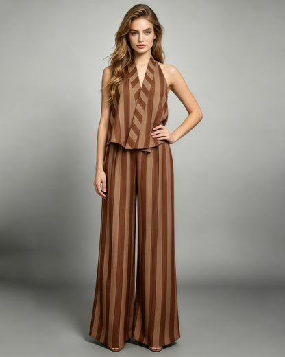 Brown Stripe Halter Top Wide Leg Pants Set