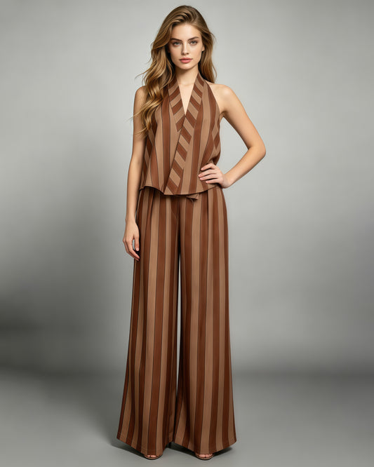 Brown Stripe Halter Top Wide Leg Pants Set