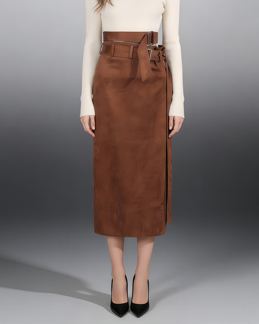Brown Suede Double Belt Midi Skirt