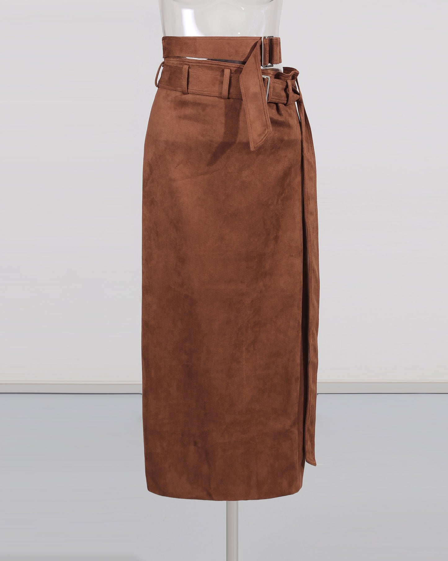 Brown Suede Double Belt Midi Skirt