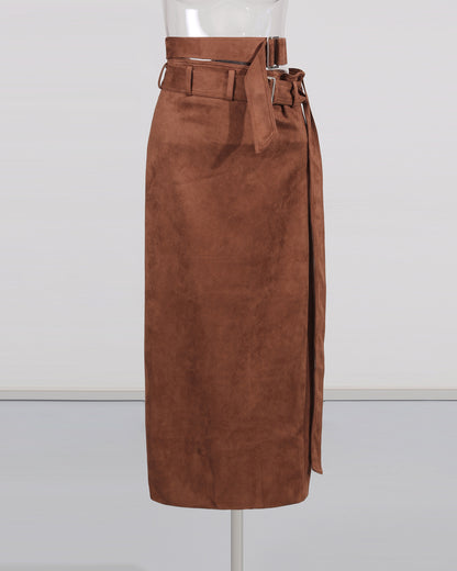 Brown Suede Double Belt Midi Skirt