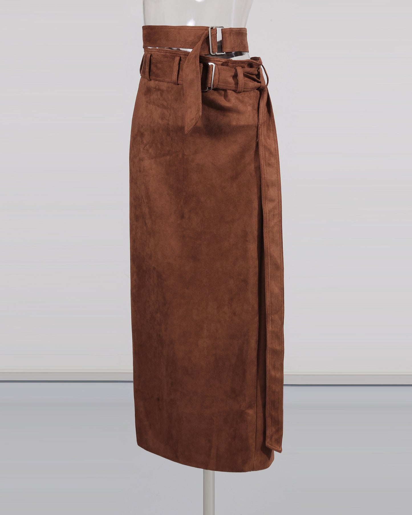 Brown Suede Double Belt Midi Skirt