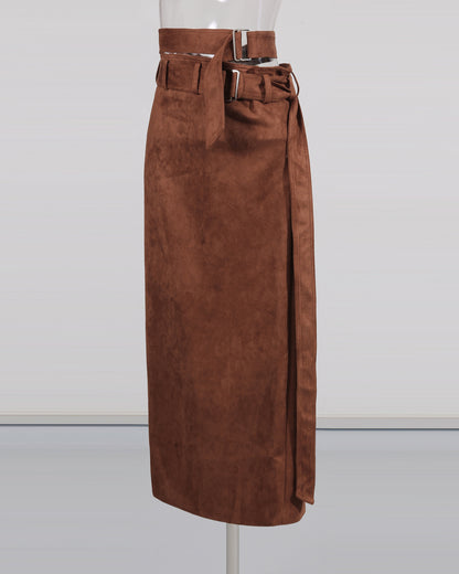 Brown Suede Double Belt Midi Skirt