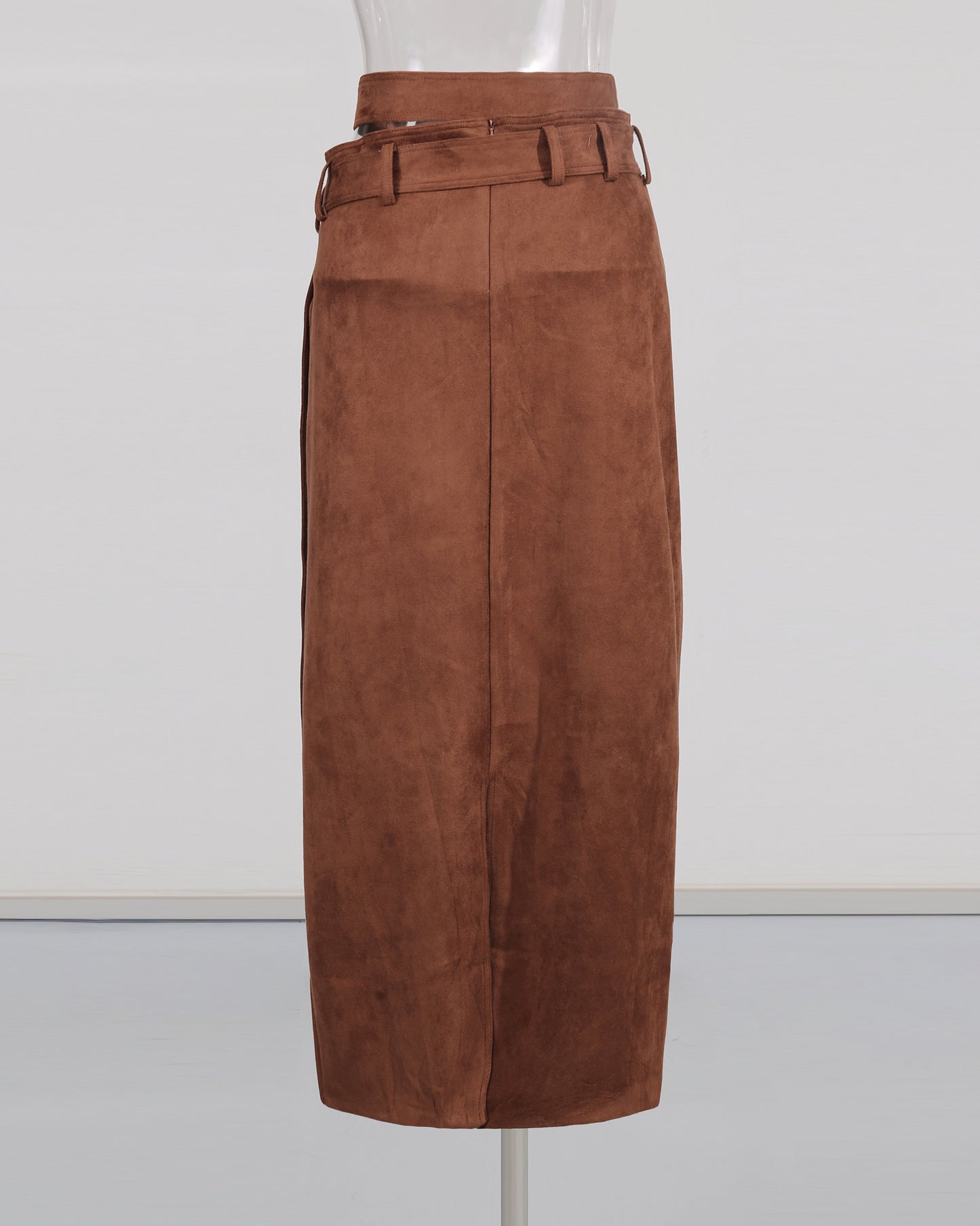 Brown Suede Double Belt Midi Skirt