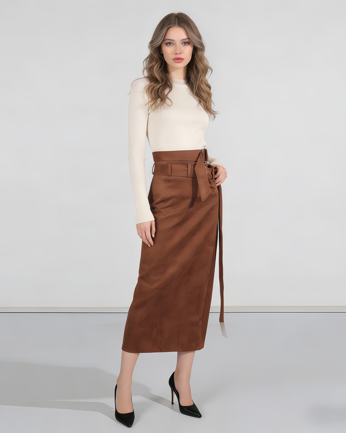 Brown Suede Double Belt Midi Skirt