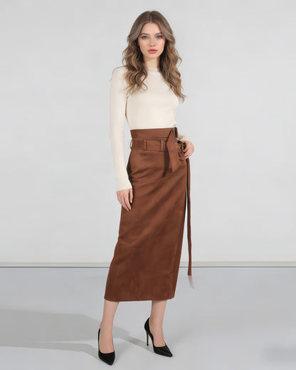 Brown Suede Double Belt Midi Skirt
