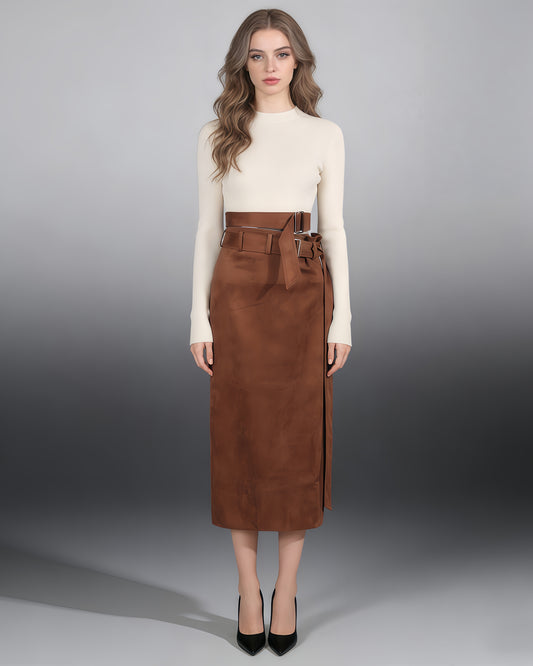 Brown Suede Double Belt Midi Skirt
