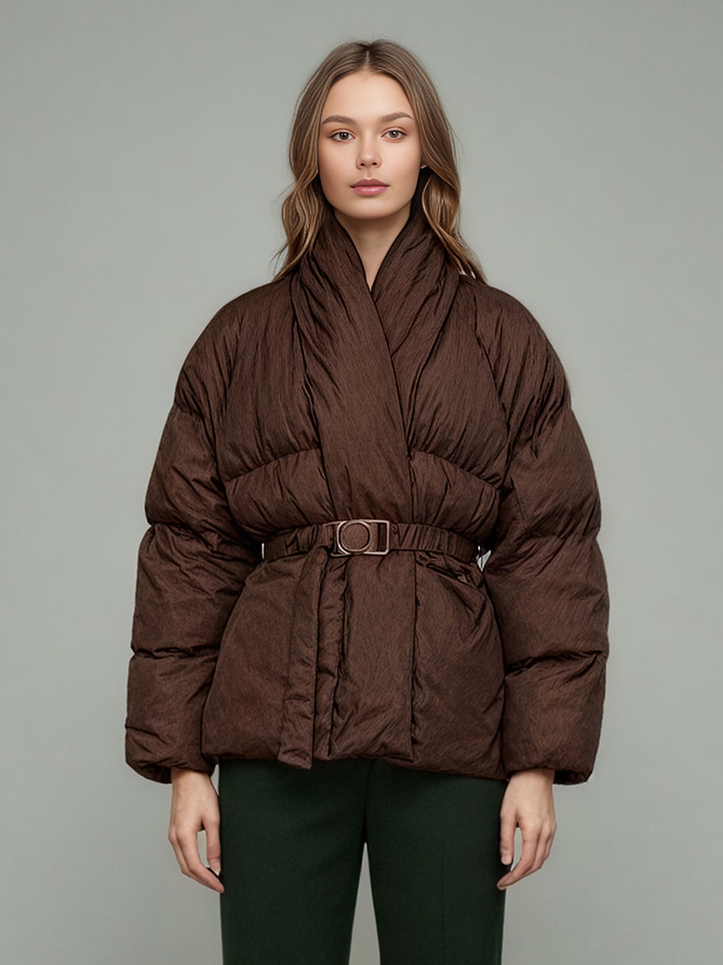 Coffee Belted Cotton-Padded Jacket with Kimono Collar