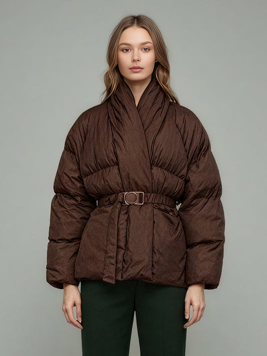 Coffee Belted Cotton-Padded Jacket with Kimono Collar