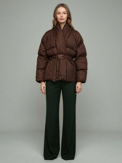 Coffee Belted Cotton-Padded Jacket with Kimono Collar