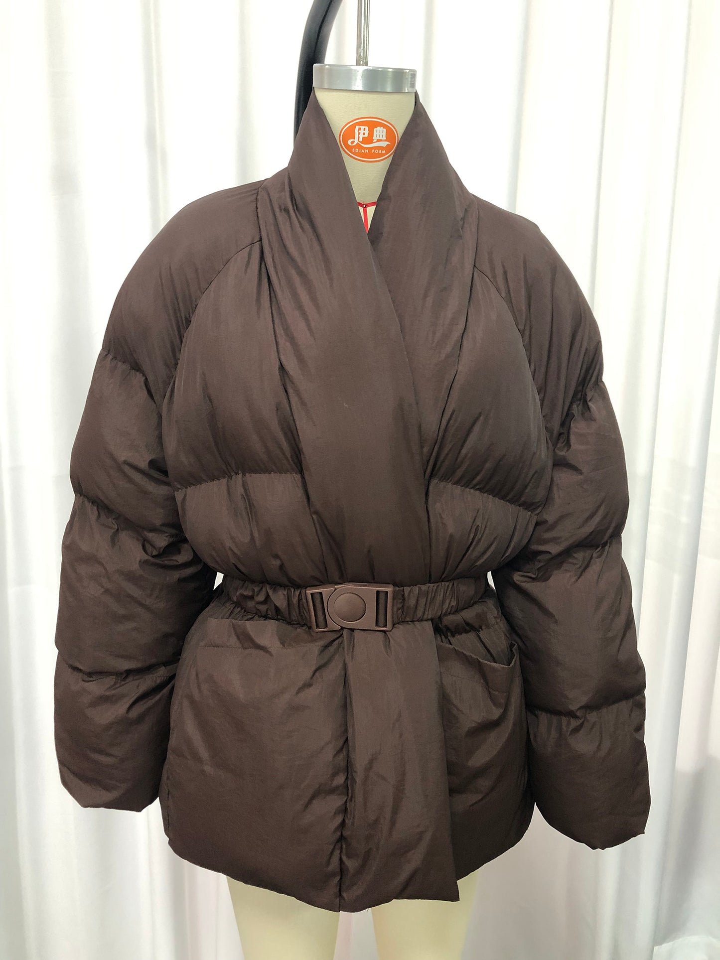 Coffee Belted Cotton-Padded Jacket with Kimono Collar