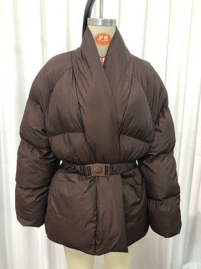 Coffee Belted Cotton-Padded Jacket with Kimono Collar