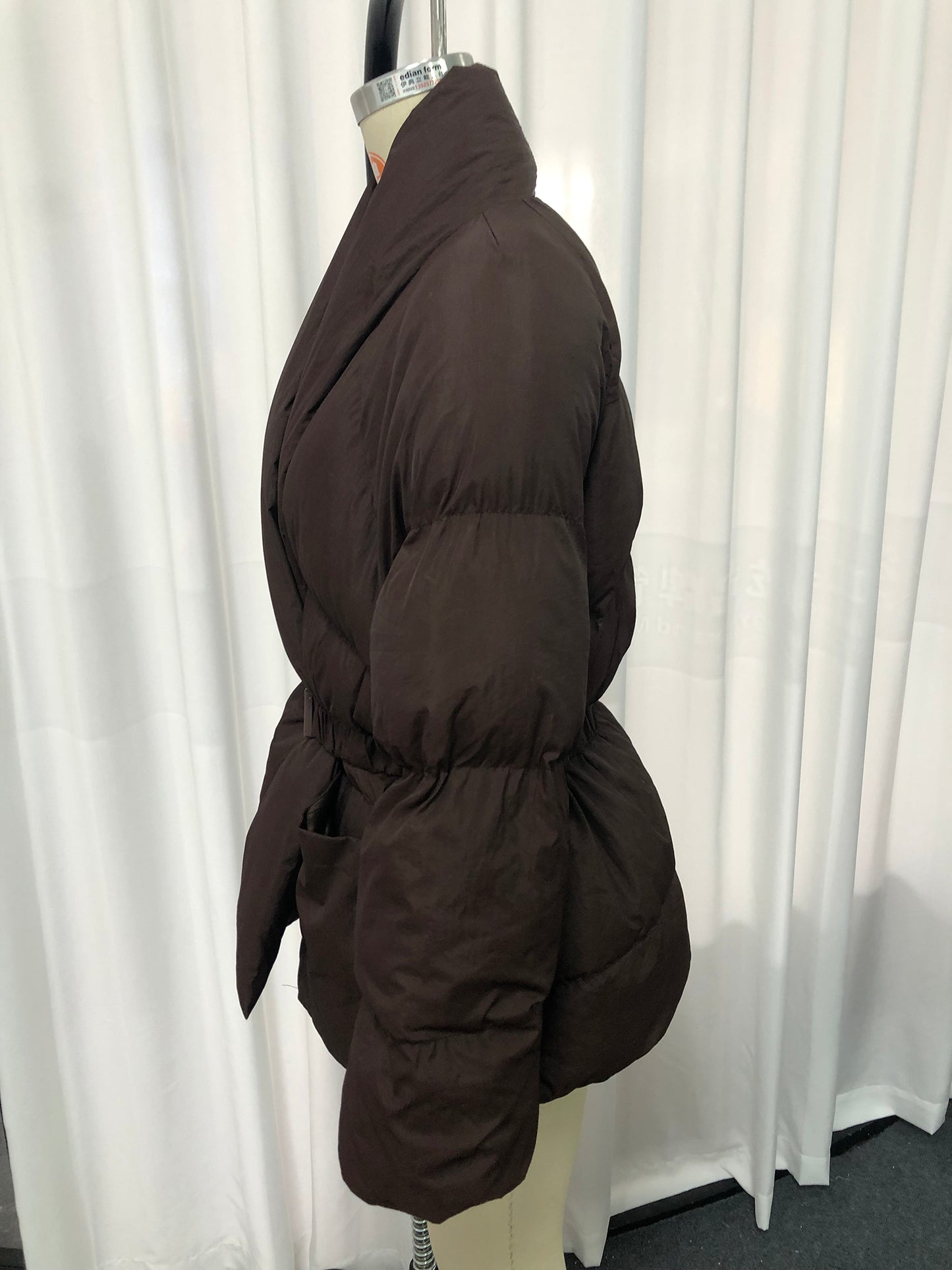 Coffee Belted Cotton-Padded Jacket with Kimono Collar