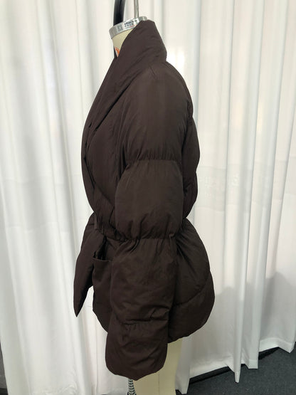 Coffee Belted Cotton-Padded Jacket with Kimono Collar