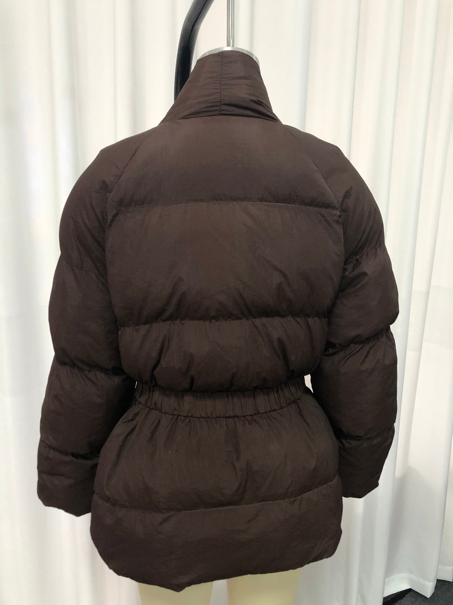 Coffee Belted Cotton-Padded Jacket with Kimono Collar