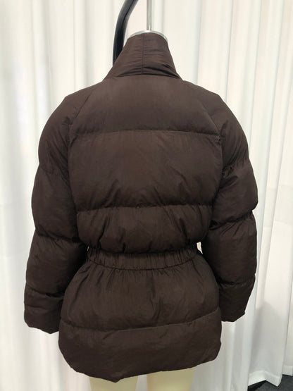 Coffee Belted Cotton-Padded Jacket with Kimono Collar