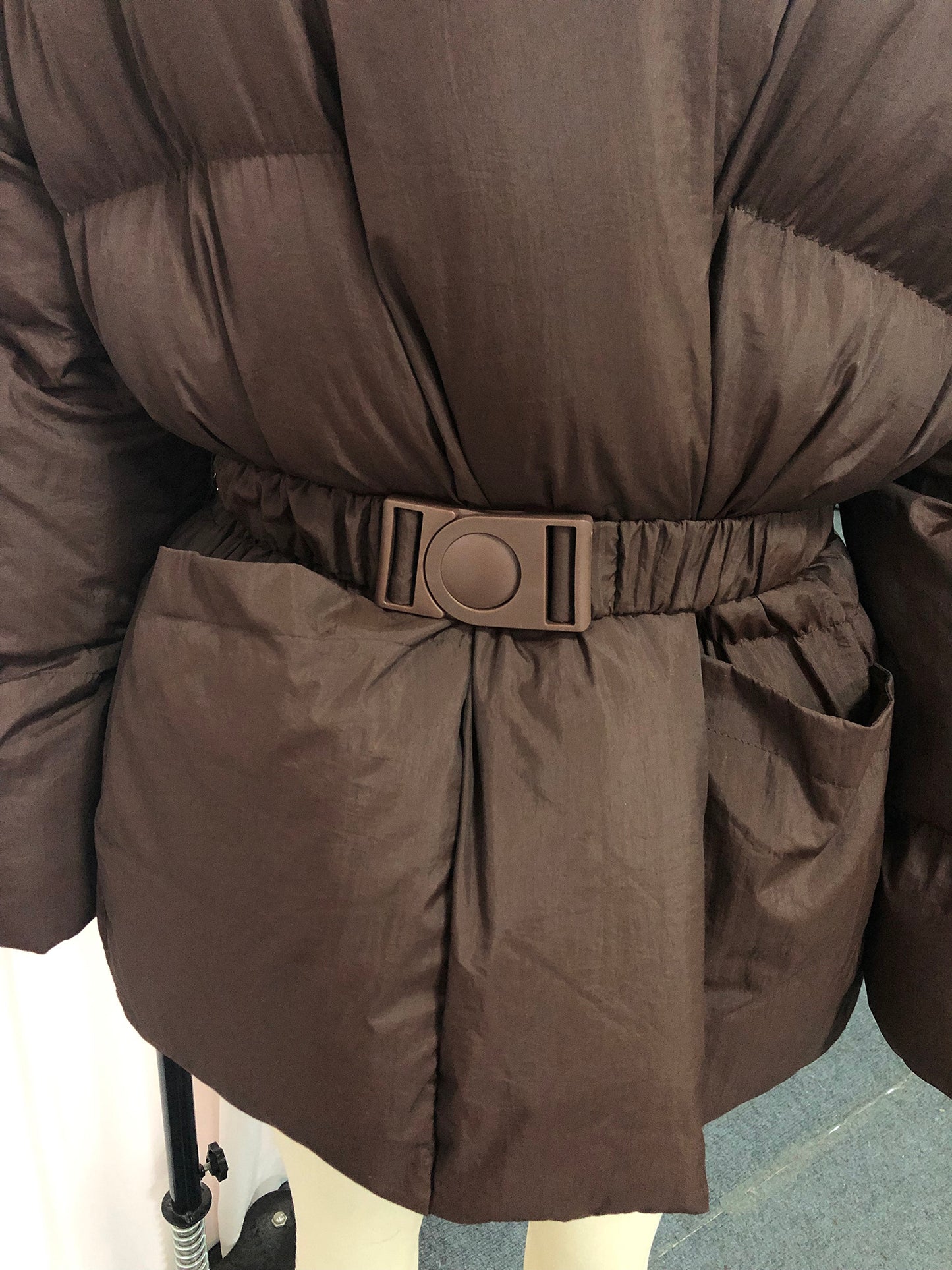 Coffee Belted Cotton-Padded Jacket with Kimono Collar