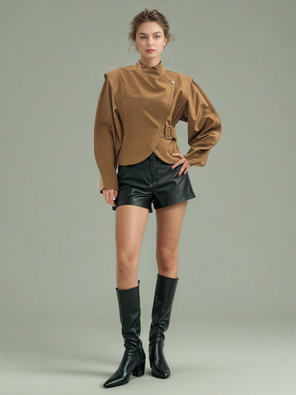 Brownyellow Asymmetric Buckle Cropped Jacket