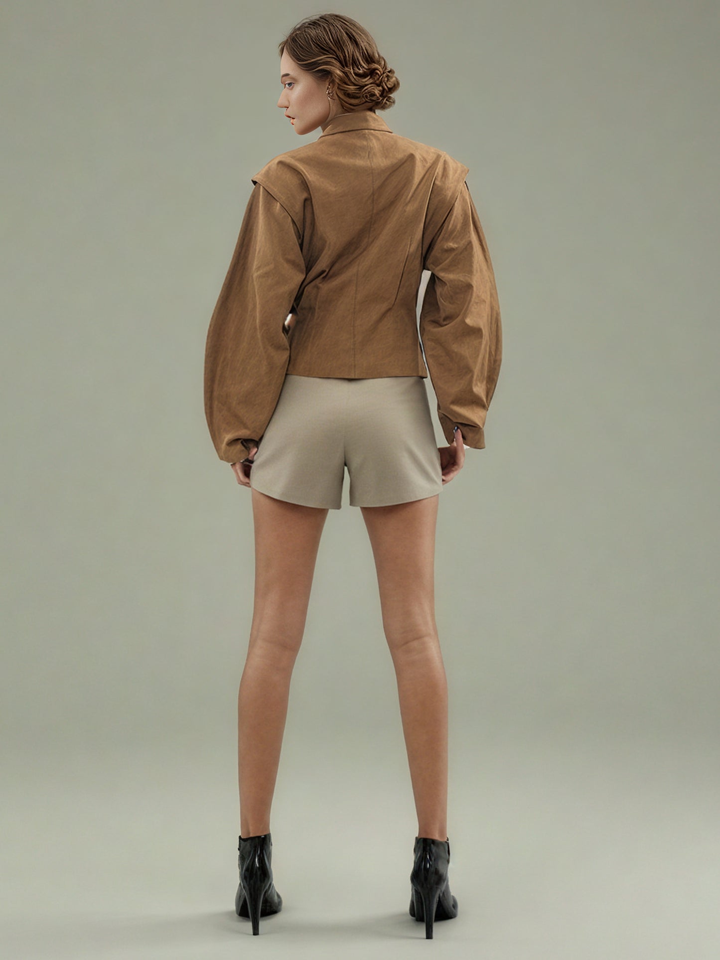 Brownyellow Asymmetric Buckle Cropped Jacket